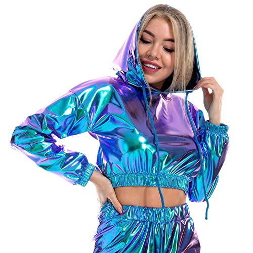 Odizli Metallic Oberteil Damen Glitzer Wetlook 80er 90er Jahre Kleidung Party Disco Festival Rave Outfit Hologramm Hip Hop Langarm Sweatshirt Hoodie Kurze Sweater mit Kapuze Clubwear Laser Blau S von Odizli