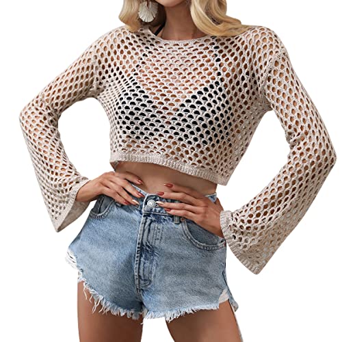 Odizli Netzoberteil Damen Netzshirt 2000er Y2K Kleidung Vintage Sexy Mesh Häkeltop Langarm Crochet Top Crop Tops Pullover Teenager Mädchen Sommer Streetwear Festival Rave Techno Outfit Khaki M von Odizli