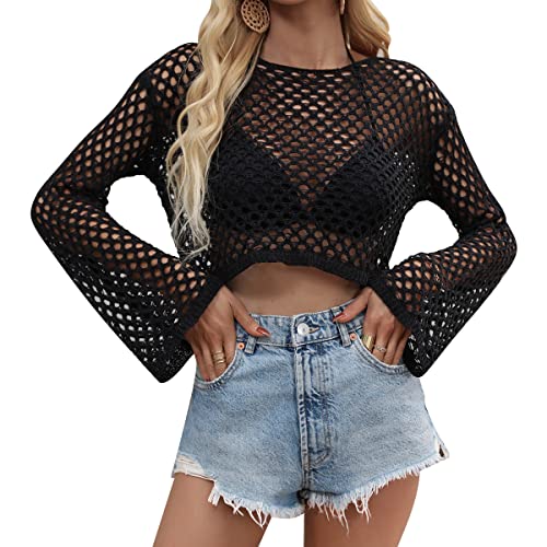 Odizli Netzoberteil Damen Netzshirt 2000er Y2K Kleidung Vintage Sexy Mesh Häkeltop Langarm Crochet Top Crop Tops Pullover Teenager Mädchen Sommer Streetwear Festival Rave Techno Outfit Schwarz M von Odizli