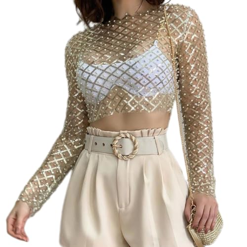 Odizli Netzoberteil Damen Sexy Langarm Durchsichtiges Transparent Netz Glitzer Pailletten Perlen Mesh Oberteil Netzshirt Festival Rave Techno Outfit Frauen Crop Top Party Hip Hop Clubwear Gold L von Odizli