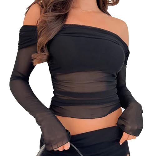 Odizli Netzoberteil Damen Sexy Langarm Off Shoulder Durchsichtiges Transparent Netz Mesh Oberteil Netzshirt Festival Rave Techno Outfit Frauen Y2K Crop Top Party Streetwear Hip Hop Kleidung Schwarz M von Odizli