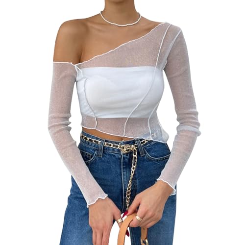 Odizli Netzoberteil Damen Sexy Langarm One Shoulder Glitzer Durchsichtiges Transparent Netz Mesh Oberteil Netzshirt Festival Rave Techno Outfit Frauen Y2K Crop Top Party Hip Hop Kleidung Weiß M von Odizli