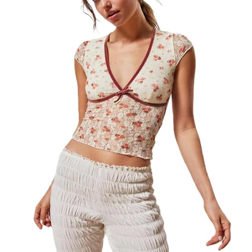 Odizli Netzoberteil Damen Sexy V-Ausschnitt Durchsichtiges Transparent Netz Mesh Blumen Spitzen Oberteil Spitzentop Netzshirt Festival Rave Techno Outfit Frauen Y2K Crop Top Party Streetwear Rot S von Odizli