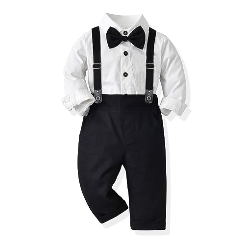 Odizli Neugeborenen Baby Jungen kinder kleidung Langarm Hemd+Hosenträger+Fliege+Hosen 4tlg Bekleidungssets Gentleman Festliche Taufe Geburtstagsparty Anzug Set Fotoshooting Weiß+Schwarz 3-4 Jahre von Odizli