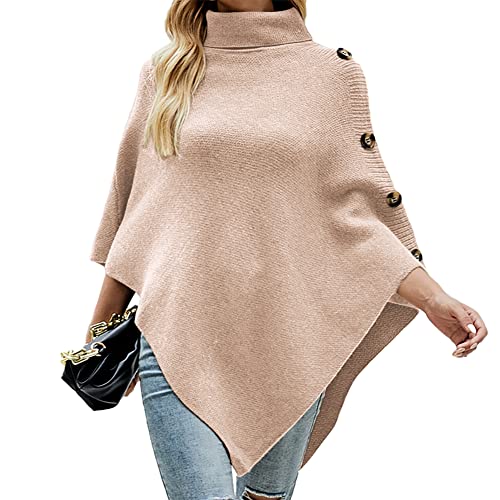 Odizli Poncho Damen Rollkragenpullover Strickpullover Winterpullover Elegant Damenpullover Langarm Herbst Winter Warm Oberteile Oversize Longpullover Sweater Pulli Pullover Schal Cape Aprikose F von Odizli