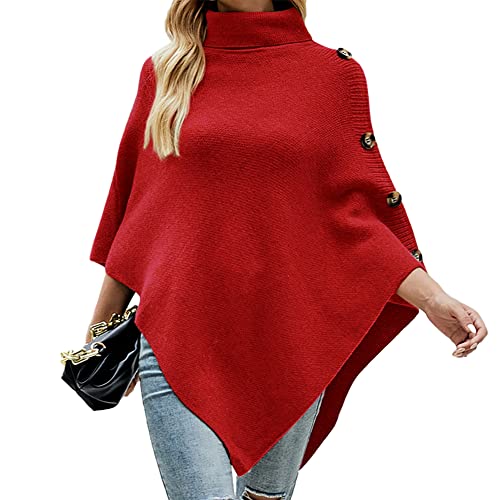 Odizli Poncho Damen Rollkragenpullover Strickpullover Winterpullover Elegant Damenpullover Langarm Herbst Winter Warm Oberteile Oversize Longpullover Sweater Pulli Pullover Schal Cape Rot F von Odizli