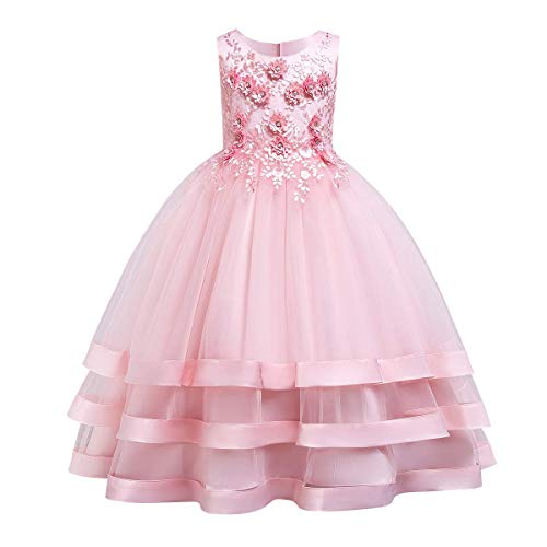 Odizli Prinzessin Kleid Mädchen Blumenmädchenkleider Ärmellos Satin Perlenspitze Tüllkleid Festliche Langes Abendkleid Kinder Hochzeit Erstkommunion Geburtstag Partykleid Ballkleid Rosa 7-8 Jahre von Odizli