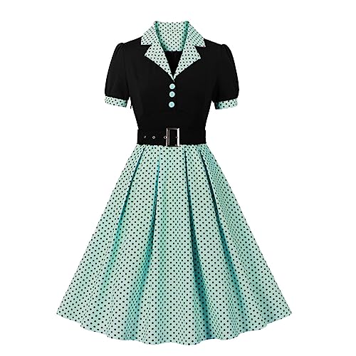 Odizli Rockabilly Kleider Damen 50er Jahre Petticoat Kleid Vintage Audrey Hepburn Kurzarm V-Ausschnitt Polka Dot Swing Coctailkleid Hochzeit Gast Festlich Knielang Abendkleid Grün Schwarz S von Odizli