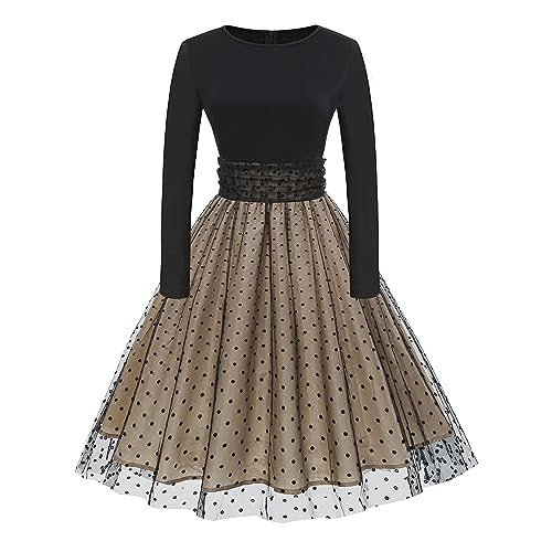 Odizli Rockabilly Kleider Damen 50er Jahre Petticoat Kleid Vintage Elegant Retro Mesh Polka Dot Tüllkleid Herbst Swing Coctailkleid Festlich Hochzeit Partykleid Kurz Abendkleid Schwarz-Langarm XL von Odizli