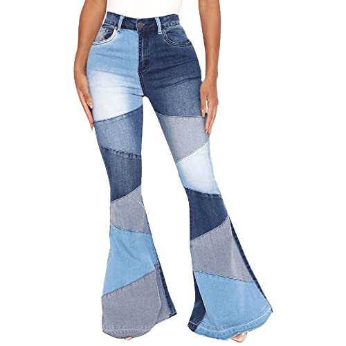 Odizli Schlaghose Damen Jeans Jeanshose High Waist Stretch Lang Wide Leg Bootcut Hose Frauen Vintage Patchwork Bottom Blau XXL von Odizli