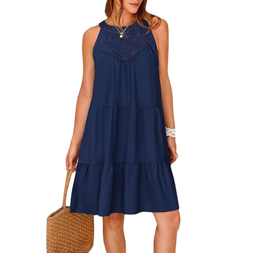 Odizli Sommerkleid Damen Leicht und Luftig Elegant Frühling Sommer Tunikakleid Ärmellos Neckholder Boho Spitze Knielang Tunika Tshirt Kleid Shirtkleid Damenkleid Kurz Strandkleid Dunkelblau L von Odizli