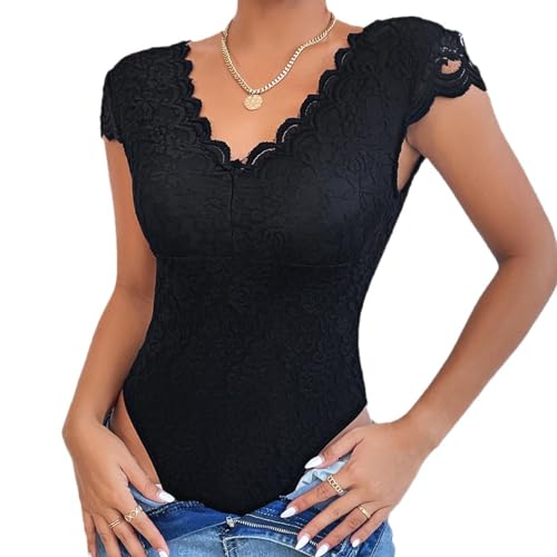 Odizli Spitzen Oberteile Damen Spitzenbody Elegant Sexy Kurzarm V-Ausschnitt Blume Spitze Durchsichtig Rückenfreies Enge Body Bodysuit Spitzentop Spitzenbluse Festliches Party Blusenbody Schwarz M von Odizli