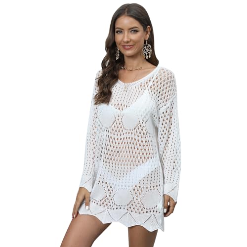 Odizli Strandkleid Damen Sommer Kurz Sommerkleid Strandtunika Sexy Transparent Crochet Boho Mini Kleid Pareos Strandponcho Strand Tunika Strandmode Bikini Cover Up Festival Rave Outfit Weiß M von Odizli