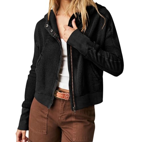 Odizli Sweatjacke Damen mit Kapuze Langarm Herbst Winter Lässig Zipper Zip Up Reissverschluss Cropped Hoodie Kapuzenjacke Sweatshirt Jogging Kurze Jacke Teenager Mädchen Klamotten Schwarz L von Odizli