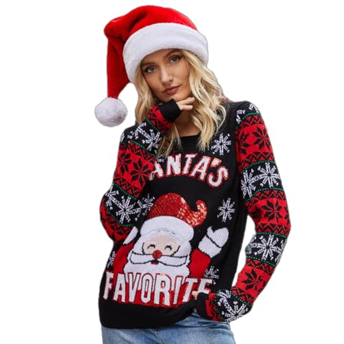 Odizli Weihnachtspullover Damen Lustig Weihnachtspulli Ugly Christmas Sweater Langarm Rundhalsausschnitt Xmas Weihnachten Nikolaus Pullover Herbst Winter Warm Strickpullover Schwarz Weihnachtsmann XL von Odizli