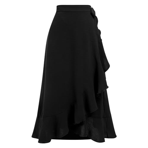 Odizli Wickelrock Damen Midi Rock Sommerrock Elegant High Waist Rüsche Vokuhila A-Linie Swing Midirock Faltenrock Sommer Lang Maxirock Festlich Hochzeit Hochzeitsgast Röcke Schwarz M von Odizli