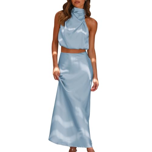 Odizli Zweiteiler Damen Elegant Satin Seide Ärmellos Neckholder Oberteil + High Waist Maxirock Outfit Festlich Hochzeit Hochzeitsgäste Lang Ballkleid Abendkleid Abschlusskleid Partykleid Blau M von Odizli