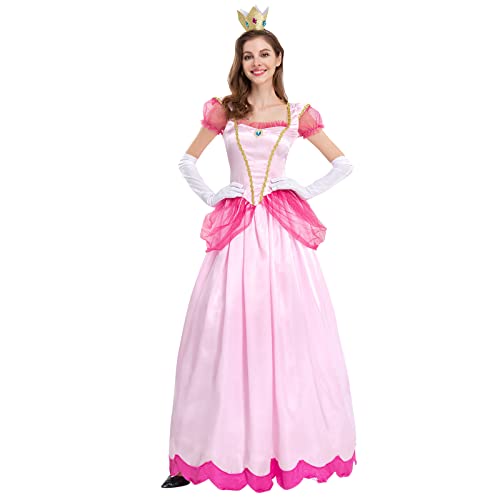 Peach Kostüm Damen Prinzessin Party Erwachsene Frauen Kostüm Puffärmel Lang Abendkleid + Handschuhe + Krone 3tlg Fee Outfit Halloween Weihnachten Karneval Cosplay Faschingskostüme Rosa XL von Odizli