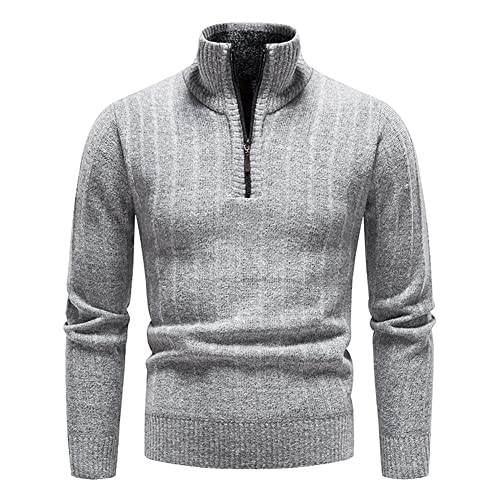 Pullover Herren Troyer Mit Stehkragen Und Reißverschluss Langarm Rollkragenpullover Winter Warm Strickpullover Winterpullover Arbeitspullover Freizeit Slim fit Basic Männer Sweater Hellgrau 3XL von Odizli