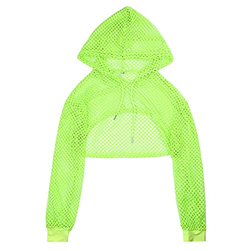 Rave Outfit Damen Langarm Netzoberteil Bauchfreies Mesh Netz Oberteil Frauen Crop Top Teenager Mädchen Sweatshirt mit Kapuze Techno Neon Party Streetwear Hip Hop Kleidung Clubwear Fluoreszenz Grün L von Odizli