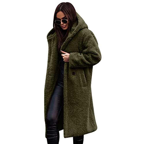 Teddy Jacken für Damen Felljacke Kuscheljacke Flauschig Plüschjacke Fleecejacke mit Kapuze Lang Wintermantel Winterjacke Herbst Winter Warm Elegant Mantel Teddyfleece Jacke Teddyjacke Armegrün L von Odizli