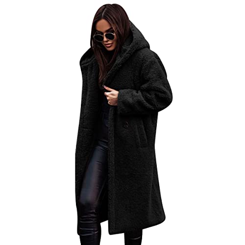 Teddy Jacken für Damen Felljacke Kuscheljacke Flauschig Plüschjacke Fleecejacke mit Kapuze Lang Wintermantel Winterjacke Herbst Winter Warm Elegant Mantel Teddyfleece Jacke Teddyjacke Schwarz S von Odizli