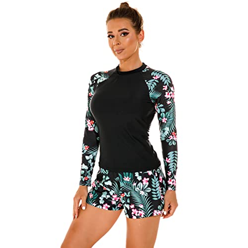 UV Shirt Damen Wasser Langarm Blume Schwimmshirt Bade Tankini Oberteil Shorts Schwimmhose Schwimmanzug Badeanzug mit Bein Frauen UPF 50+ Rashguard Bademode Kurz Strandmode Surfanzug Grün S von Odizli