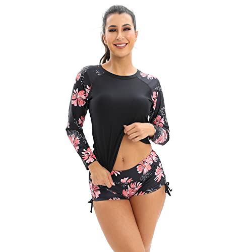 UV Shirt Damen Wasser Langarm Blume Schwimmshirt Bade Tankini Oberteil Shorts Schwimmhose Schwimmanzug Badeanzug mit Bein Frauen UPF 50+ Rashguard Bademode Kurz Strandmode Surfanzug Rosa L von Odizli