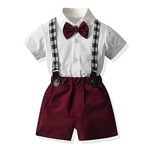 Odziezet Kind Sommer Anzug Junge Kurze Ärmel Hemd Outfits Baby Gentleman Anzüge Jungen Fliege Hosenträger Shorts Outfit Kleinkinder Kurzarmhemd Set 3 Monate-8 Jahre (Rot,2-3 Jahre) von Odziezet