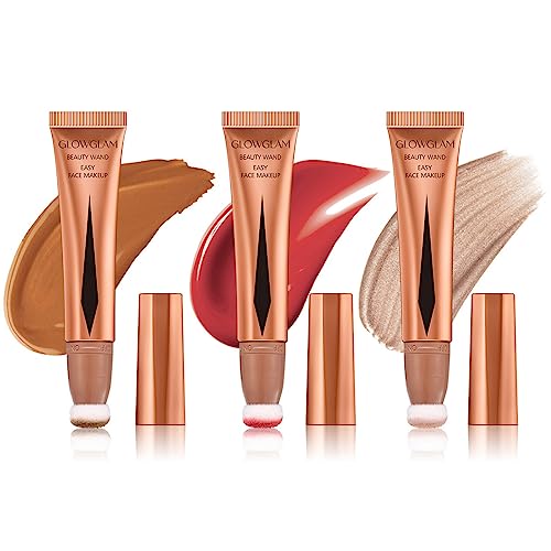 Ofanyia 3Pcs Blush & Contour & Highlighter Beauty Wand, flüssige Gesicht erröten Kontur mit Kissen Applikator, natürliche mattes Finish Blush Stick, Blendable Super Silky Cream Contour Stick von Ofanyia