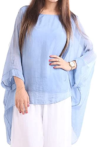 OgLuxe Plus Size Damen Seide Batwing Top Zwei Schichten Bluse, Himmelblau, Large von OgLuxe