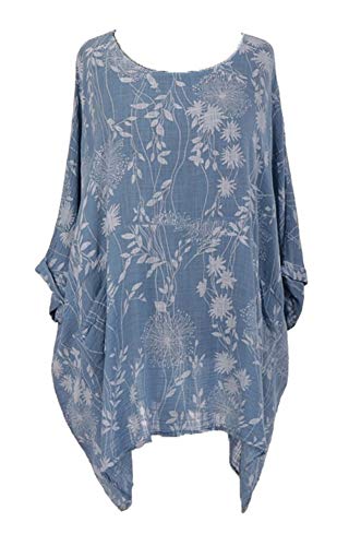 OgLuxe Damen Italienischer Lagenlook Strand Floral Batwing Oversized Sommer Flowy Top mit zwei Taschen Rundhals 3/4 Ärmel Plus, denim, One size von OgLuxe