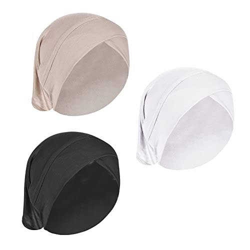 OhMill 3 Stück Elastische Atmungsaktive Hijab Kopftücher Muslimischen Kopftuch Unterkappen Turban Mütze für Frauen (Schwarz, Weiß, Beige) von OhMill