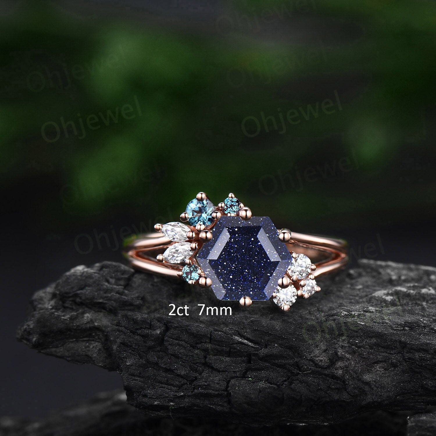 7mm Hexagon Schliff Blauer Sandstein Verlobungsring Roségold Silber Cluster Alexandrit Ring Split Shank Diamant Ehering Frauen von Ohjewel