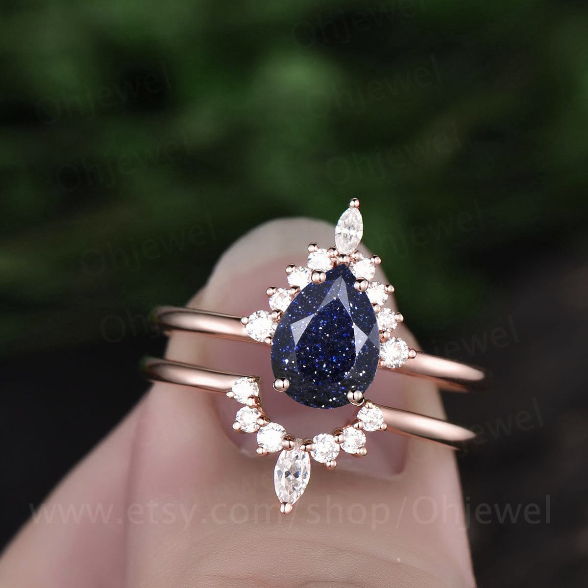 Birnchenförmiger Blauer Sandstein Ring Gold Silber Einzigartiger Verlobungsring Art Deco Moissanit Ringset Ehering Set Für Frauen von Ohjewel