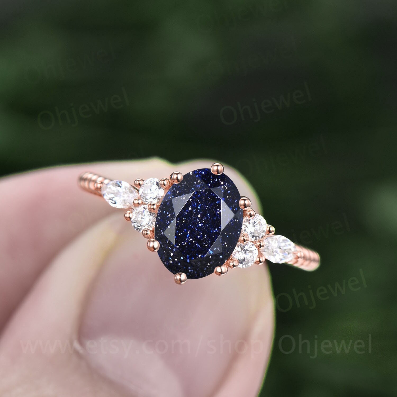 Ovaler Schliff Blauer Sandstein Verlobungsring Rosegold Art Deco Vintage Unikat Marquise Diamant Verdreht Ehering Für Frauen von Ohjewel
