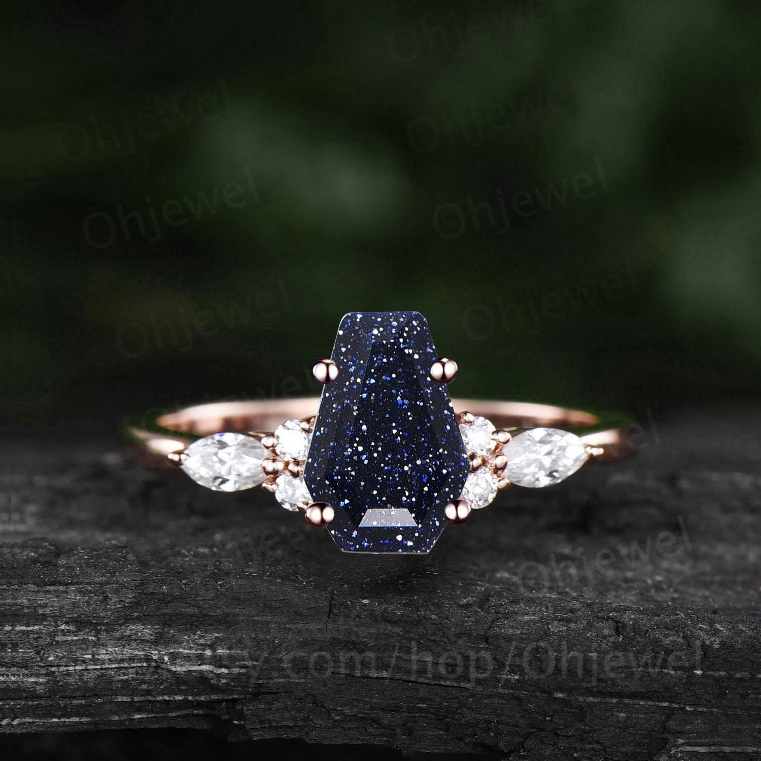 Sarg Geformter Blauer Sandstein Ring Einzigartiger Verlobungsring 14K Roségold Silber Blaugoldstein Diamant Jubiläum Versprechen Frauen von Ohjewel