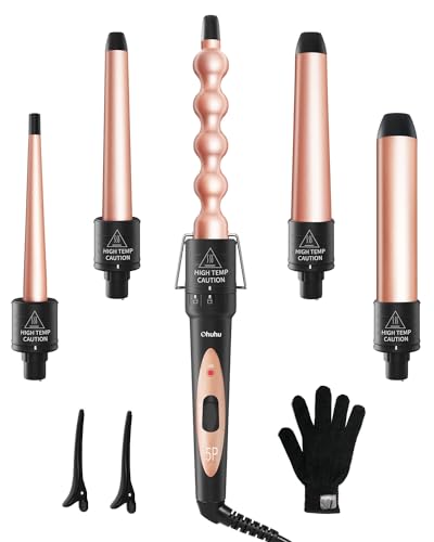 Lockenstab, Ohuhu 5 in 1 Lockenstab Set mit Handschuhe, Welleneisen Lockenstäbe mit 5 Stück 9 to 32 mm Austauschbarer Keramikbeschichtung Hair Curler, Tolle Geschenke für Mädchen, Frauen, Muttertag von Ohuhu