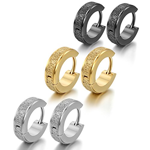 OIDEA 3 Paare(6PCS) Herren Damen Ohrringe, Edelstahl, Sandgestrahlt Creolen Hoop Huggie Ohrstecker Ohrschmuck, Schwarz Sibler Gold von OIDEA