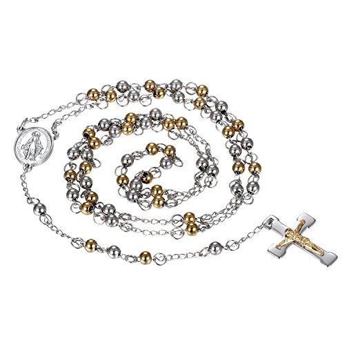 OIDEA Unisex Rosenkranz Kreuz Halskette: Herren Damen Silber Gold Kugel Kette mit Y Kreuz Jesus Kruzifix Maria Anhänger aus Edelstahl Kugelkette Schmuck Geschenk für Männer Frauen von OIDEA