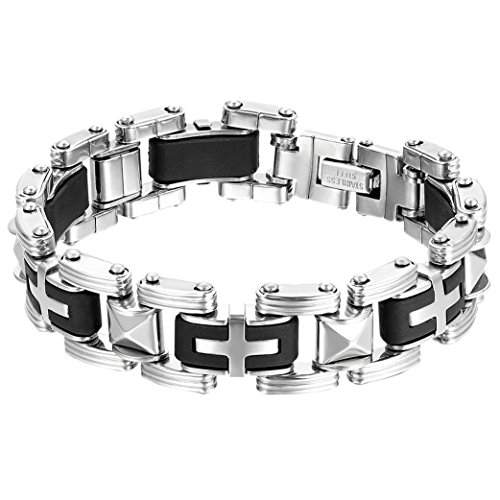 OIDEA Herren Armband Kreuz Fahrradkette: Biker Armkette aus Edelstahl 16mm breit Vintage Motorradkette 21.5cm Silber schwarz Retro Handgelenk Schmuck Geschenk für Männer Jungen von OIDEA