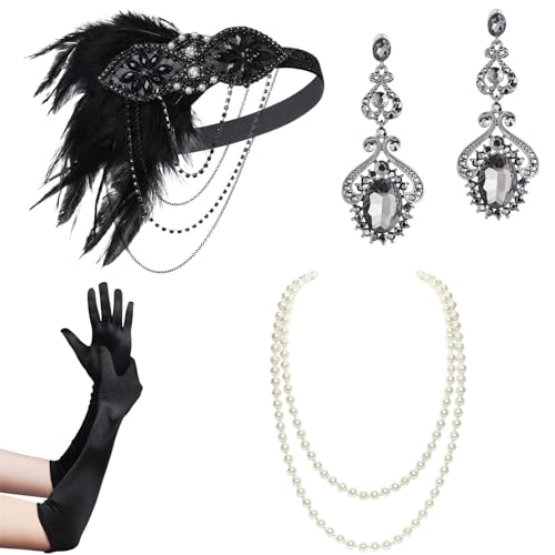 Oilmal 1920er Jahre Flapper GatsbyParty Kostüm Zubehör für Frauen Vintage Strass Kopfschmuck baumelnder Ohrring Make-up Party Wear 1920er Jahre Stirnband Set Kostüm Zubehör Mottoparty Zubehör von Oilmal