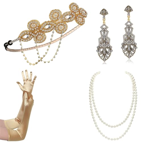 Oilmal 1920er Jahre Flapper GatsbyParty Kostüm Zubehör für Frauen Vintage Strass Kopfschmuck baumelnder Ohrring Make-up Party Wear 1920er Jahre Stirnband Set Kostüm Zubehör Mottoparty Zubehör von Oilmal