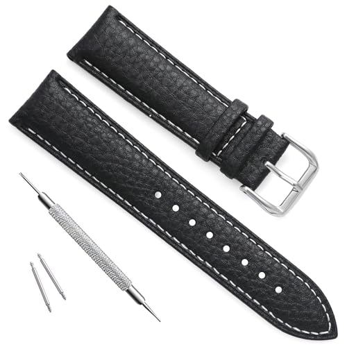 OliBoPo Handgefertigtes Vintage-Ersatz-Uhrenarmband aus Leder (22 mm, Litschi-Muster, schwarz/weiße Linie) von OliBoPo