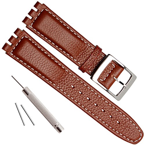 OliBoPo Alligator Grain Rindsleder Edelstahl Schnalle Uhrenarmband für Swatch, Weiße Nähte/Braun, 17mm, Aktiv von OliBoPo