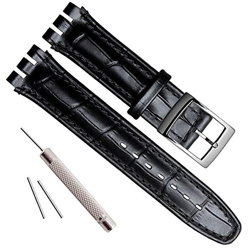 Uhrenarmband aus genarbtem Rindsleder, Edelstahl-Schnalle, für Swatch (19 mm, schwarz) von OliBoPo