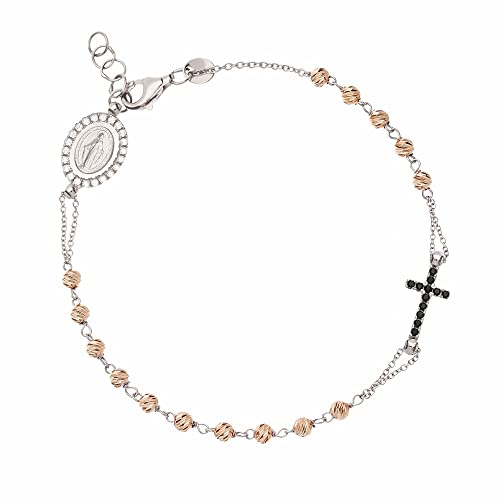 Rosenkranz-Armband aus 18-karätigem Gold, glänzend, mit weißen und schwarzen Zirkonia, Unisex – Weißgold und Roségold, 18 cm, Weißgold Zirkonium, Weiße und schwarze Zirkonia von OmniaOro