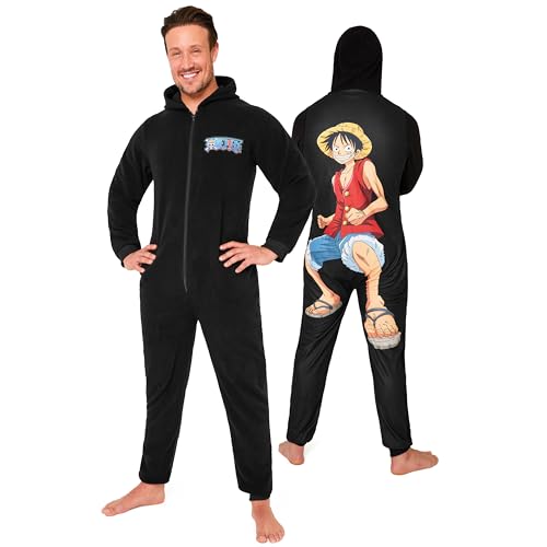 One Piece Schlafoveralls für Herren, Onesie Herren und Erwachsene, Fleece Jumpsuit Herren - Anime Merch, Anime Geschenke (Schwarz, 3XL) von ONE PIECE MARCHANDISE