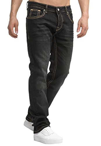 OneRedox Herren Jeans Hose Regular Fit Männer Bootcut Denim Five Pocket Thick Seam Designer Modell 901 Black 38 von OneRedox