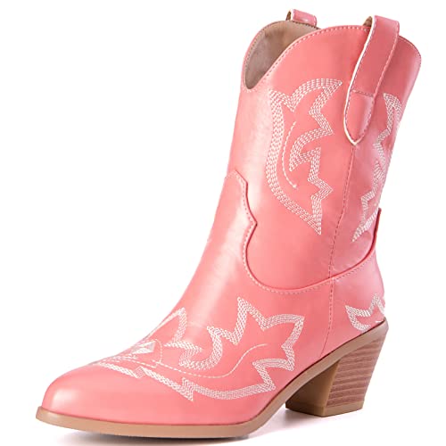 Onewus Damen Cowboy Kurze Stiefel Western Stiefel - Retro Cowgirl Stiefeletten (Rosa, 32) von Onewus
